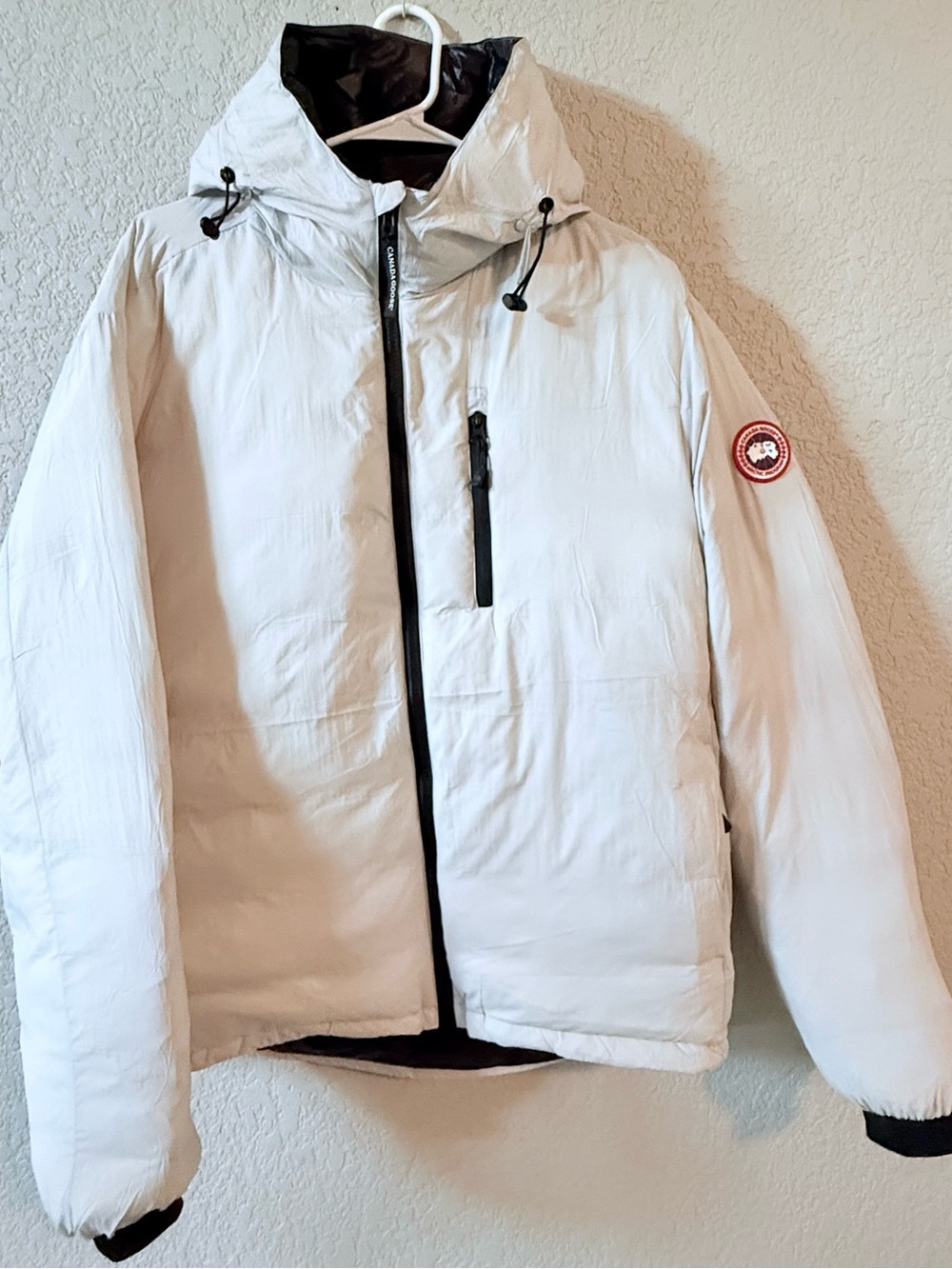 Canada Goose Men’s White Hooded Puffer Jacket with Black Trim